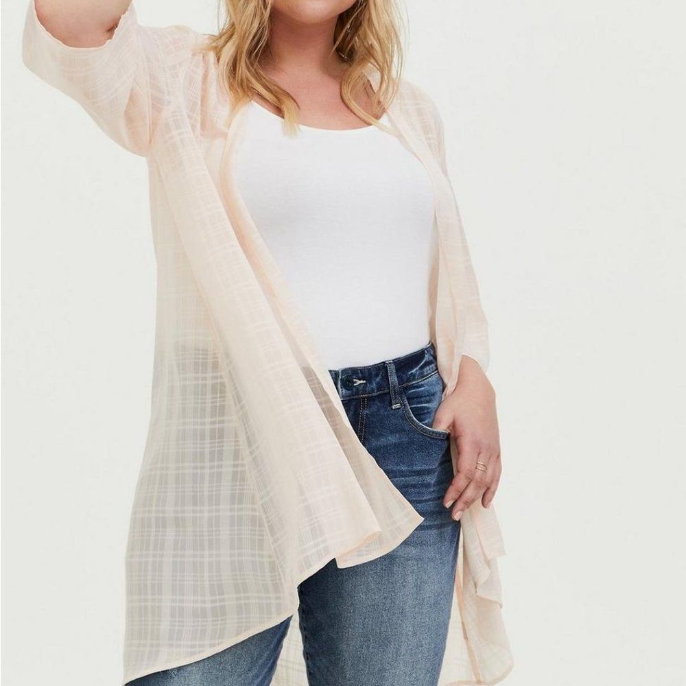 Torrid Light Pink Plaid Sheer Chiffon Kimono/Cover Up/Cardigan Plus Sz 1 - Picture 3 of 12